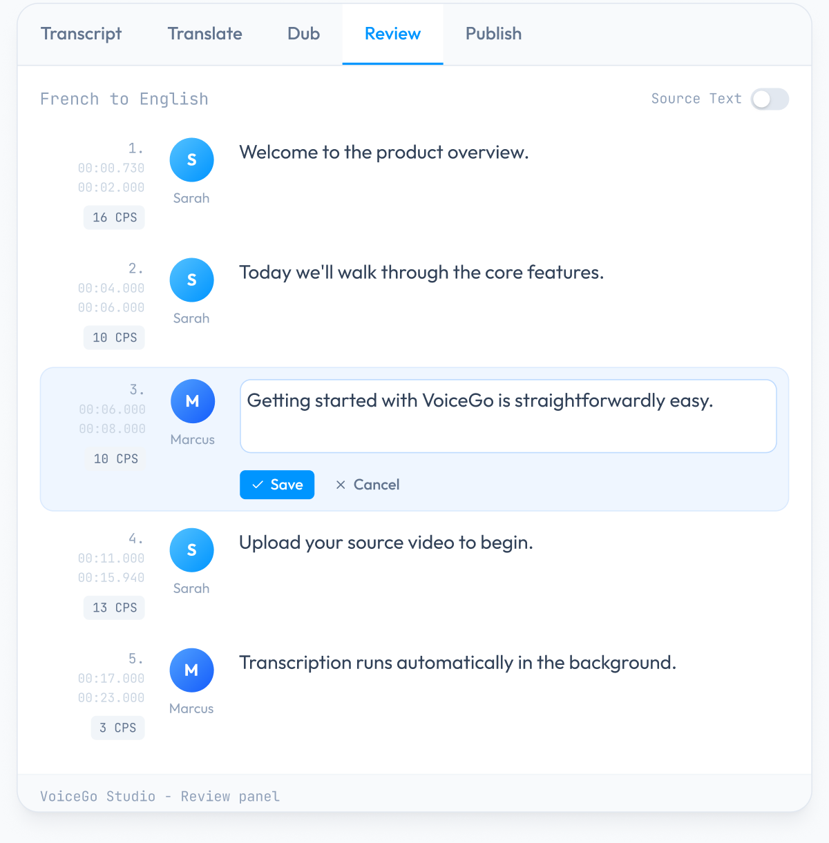VoiceGo Studio Review panel showing transcript segments, speaker avatars, and editing capabilities