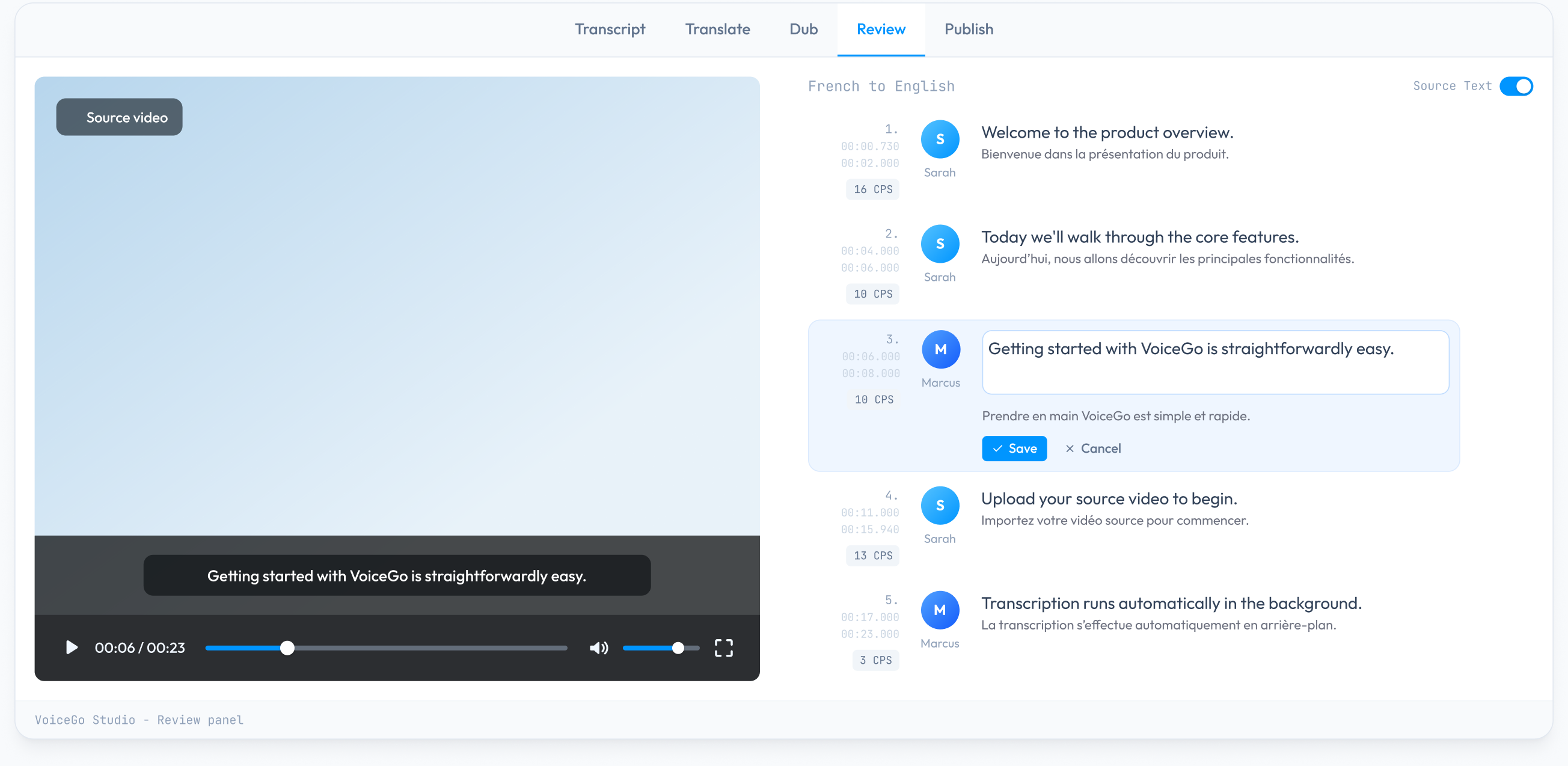 VoiceGo Studio Review panel showing a video player and transcript segments with speaker avatars