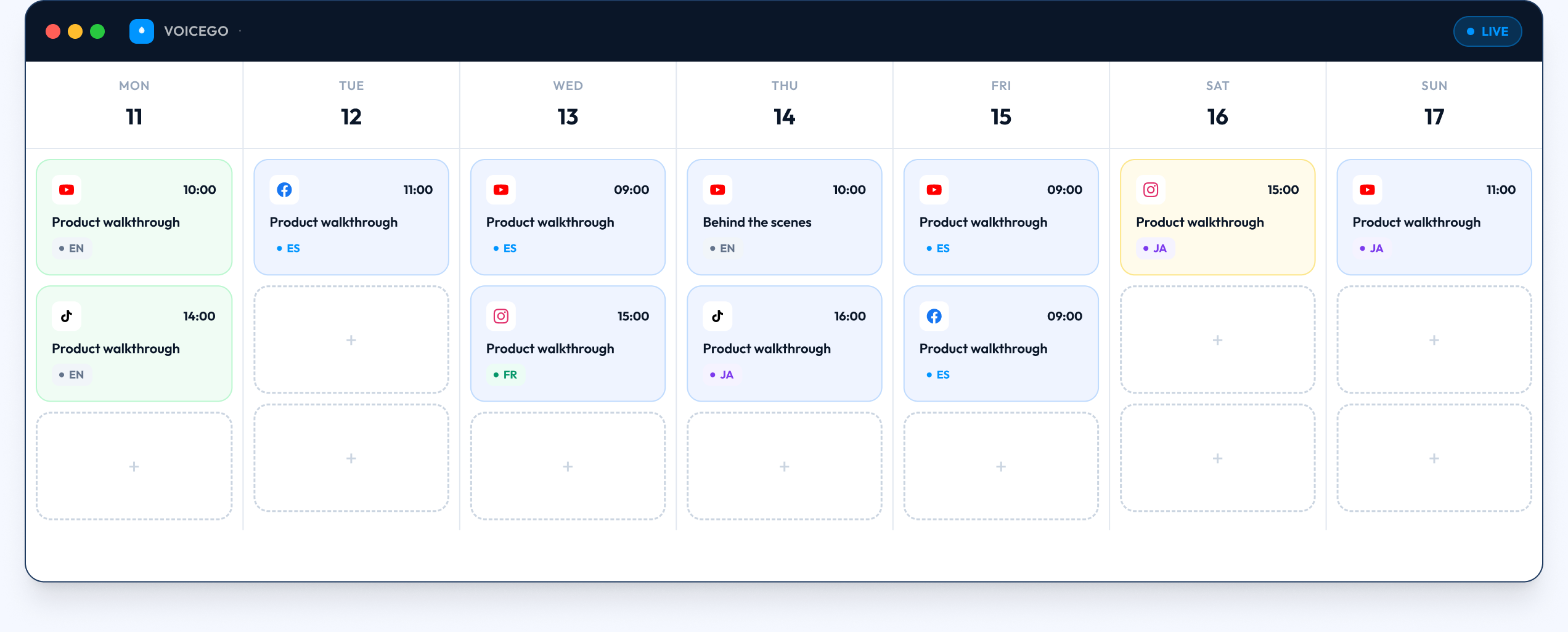 Weekly content calendar showing 11 scheduled releases across Mon–Sun, Aug 11–17, 2026, with platform icons, times, titles, and language badges.